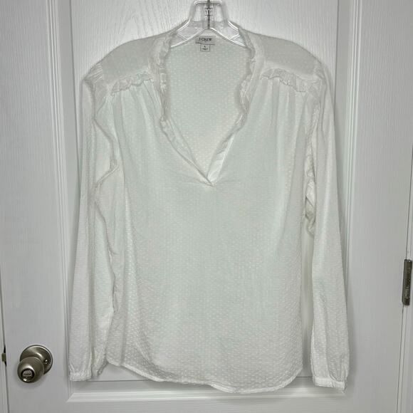 J.Crew Wms L White Long Sleeve Swiss Dot Popover Top Academia Ruffled Feminine - Picture 10 of 10